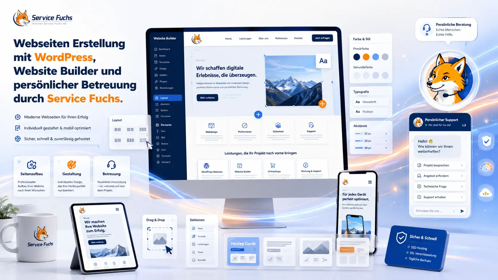 Webseiten Erstellung mit WordPress, Website Builder und persönlicher Betreuung durch Service Fuchs